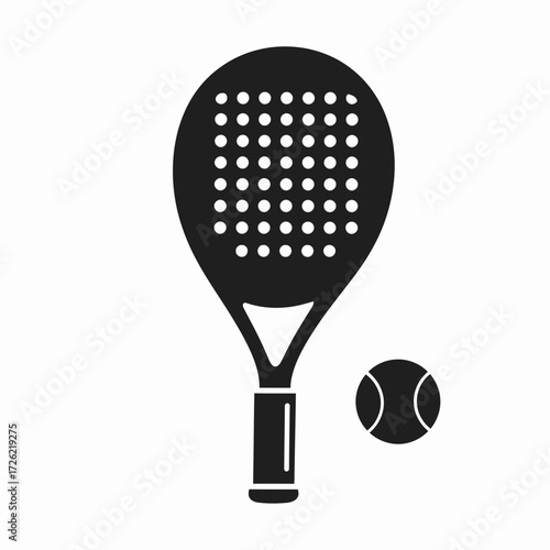Black and white illustration of a padel racket and ball, perfect for sports and recreation themes