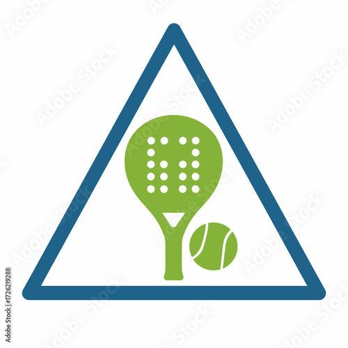 Padel sport attention sign with racket and ball, a vector graphic icon representing the game within a triangular emblem