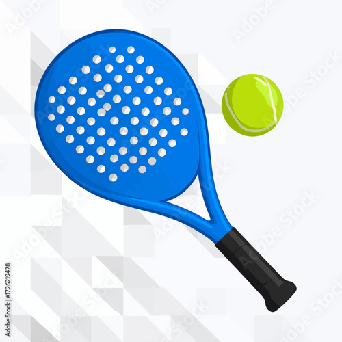 Vector illustration of a blue padel racket and ball on a geometric background. Sports equipment for a game of padel tennis