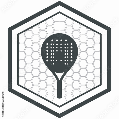 Modern padel sport emblem featuring a racket inside a hexagon with a honeycomb pattern, ideal for a club logo or team icon