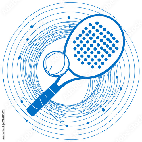 Abstract blue padel sport icon with a racket and ball surrounded by energetic circular lines representing motion and play