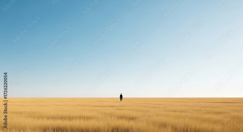 Fototapeta premium Silhouette of a person standing in a vast golden field under a clear blue sky