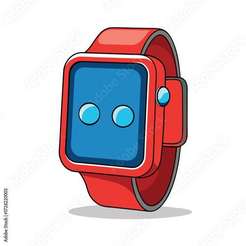 a modern smartwatch with a red screen and blue but.eps