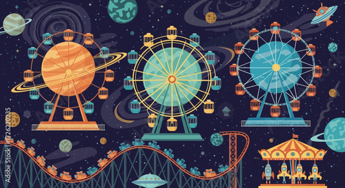 Amusement park rides with Ferris wheels and roller coaster.