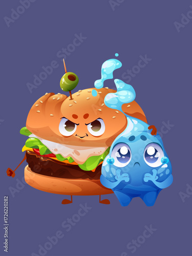 Cartoon Food Friends An Expressive Angry Burger and a Cute Sad Water Elemental Character