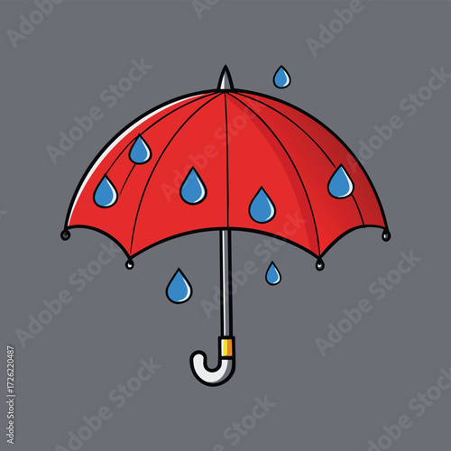 a flat illustration of a red umbrella with blue ra.eps