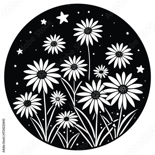 a flat design of white daisies under a dark sky wi (2).eps