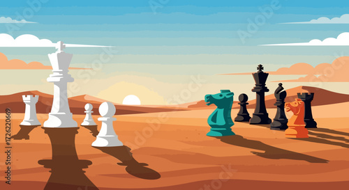 Chess Pieces in a Desert Landscape, Strategic Game Illustration.