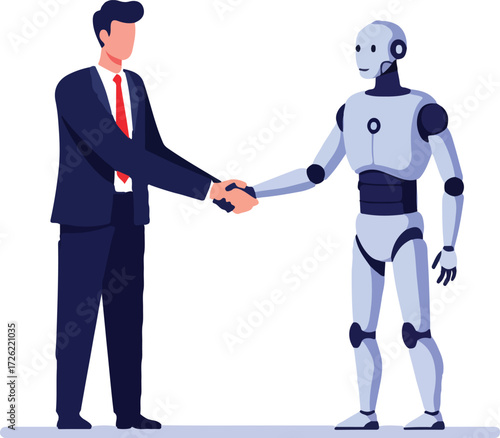 A businessman shaking hands with a robot, symbolizing a partnership or integration of artificial intelligence.