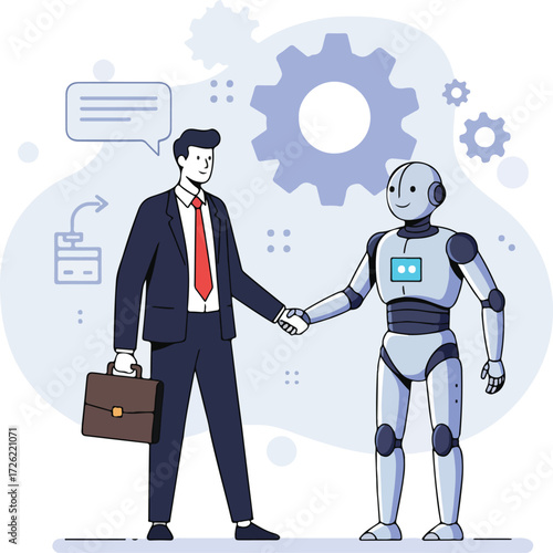 A businessman with a briefcase shaking hands with a robot, symbolizing a collaboration