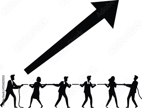 A group of business people in a tug of war, pulling a large red arrow upward