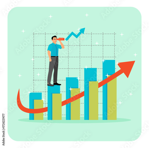 Economic growth forecast concept. Businessman  look on telescope on growth chart diagram.
