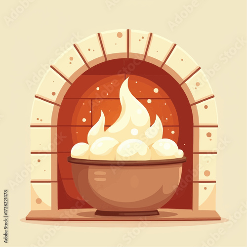 Illustration of a bowl of dough rising in a warm oven setting on light background