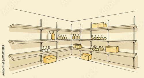 Line art illustration of a storage room with shelves filled with bottles and boxes
