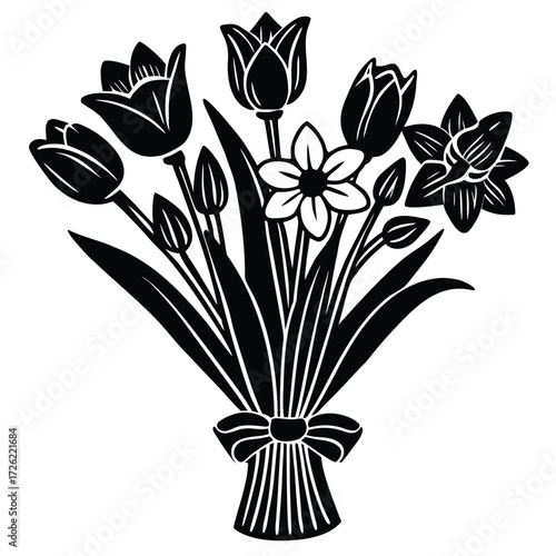 a bouquet of red tulips and yellow daffodils with  (2).eps