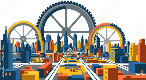 Cityscape with Gears - A Conceptual Illustration of Industry and Progress.