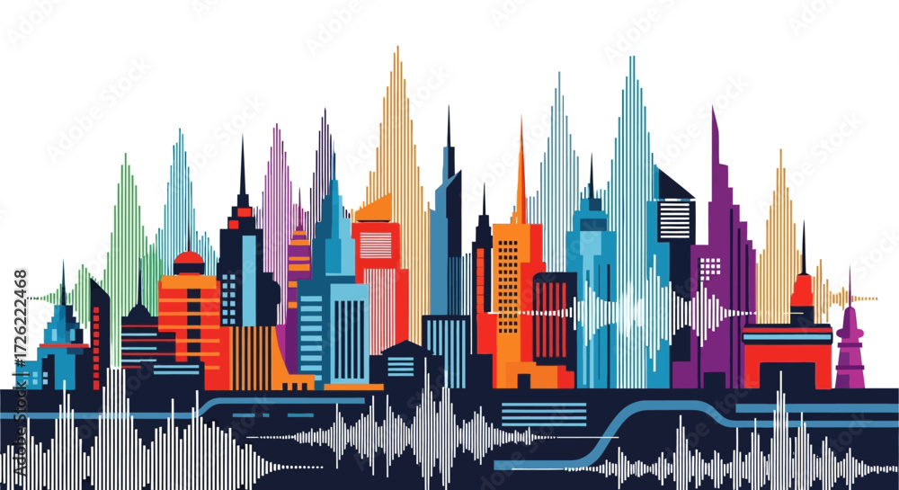 Obraz premium Colorful city skyline illustration representing urban sound waves and vibrant architecture.