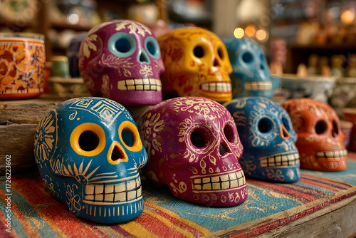 Mexican colorful skulls. Mexican / hispanic ceramic pottery Day of the Dead (Dia de los Muertos) skulls