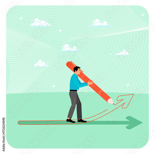 Career path for best opportunity concept. Businessman Carries Large Orange Pencil.