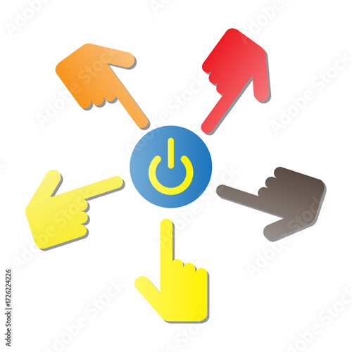 Multiple colorful hand cursors point towards a central power button, symbolizing choice, initiation, and interaction with digital systems