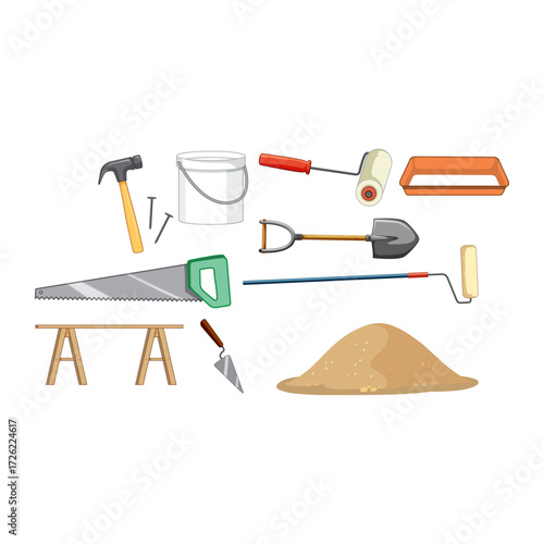 Construction tools and materials illustration for DIY, renovation, and home improvement projects