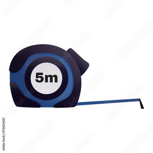A dark blue and black measuring tape coiled with a white tape measure extending out
