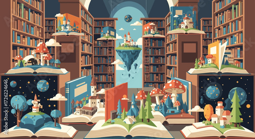 Fantasy books open to magical worlds and whimsical landscapes.