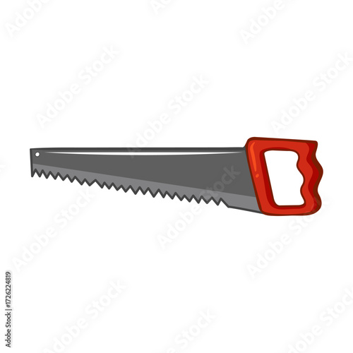 Hand saw illustration Cartoon image of a woodworking tool with a red handle and sharp blade