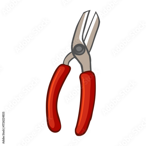 Cartoon illustration of red-handled pruning shears for gardening and plant care, isolated vector graphic