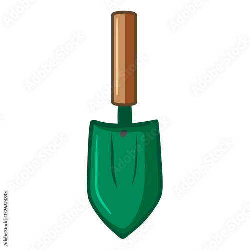 Cartoon illustration of a small green gardening spade with a wooden handle for horticulture