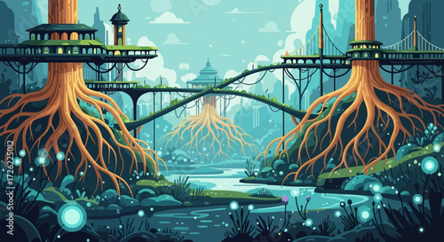 Fantasy landscape with giant trees and glowing orbs.