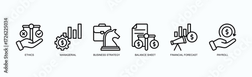 Strategic Integrity Icon Set Isolated Vector Illustration Concept With Icon Of Ethics, Managerial, Business Strategy, Balance Sheet, Financial Forecast, Payroll,  In Outline Style