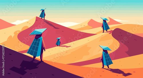 Figures in blue cloaks traverse the desert dunes under the sun.