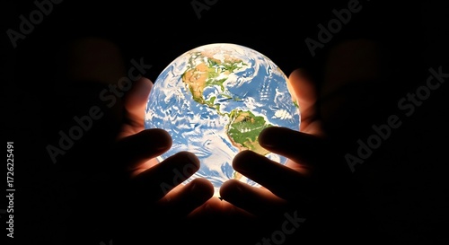 Hands cradling a glowing Earth in darkness