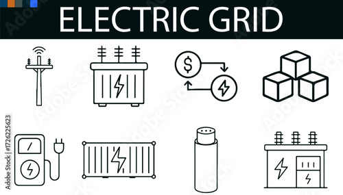 “Electric Grid Icon Set II: 8 Modular Black & White Glyphs for Smart Energy UI, EV Infrastructure Branding & Power System Toolkits”