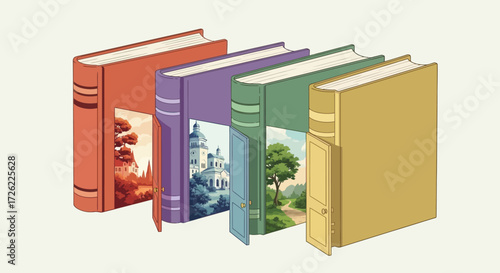 Four colorful books standing upright in a row.
