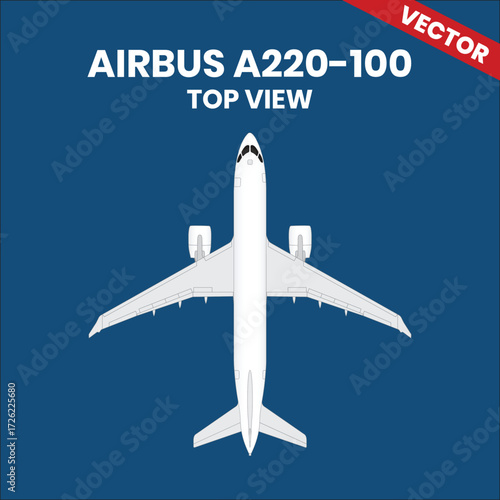 Line drawings of Airbus A220-100 aircraft top view with two jet engine 