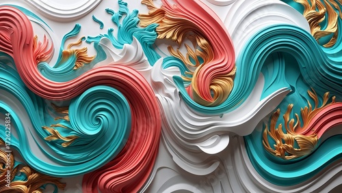Abstract Swirling Teal, Coral, Gold & White Paper Art Background Texture