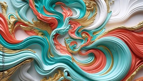 Abstract Swirling Teal, Coral, and Gold Waves; Luxury Fluid Design Background