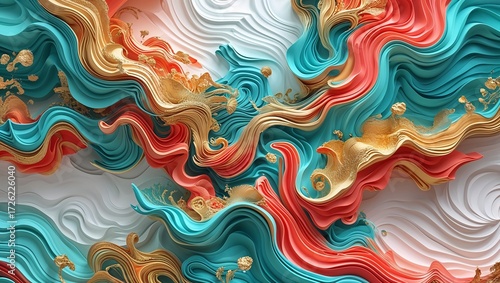 Abstract Swirling Teal, Coral, and Gold Waves - Modern Art Background Texture