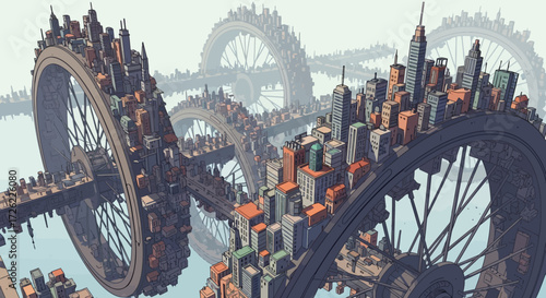 Futuristic city built on giant rotating wheels, a unique architectural concept.