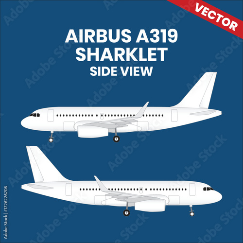 Line drawings of Airbus A319 Sharklet aircraft sideview right and left with two jet engine 