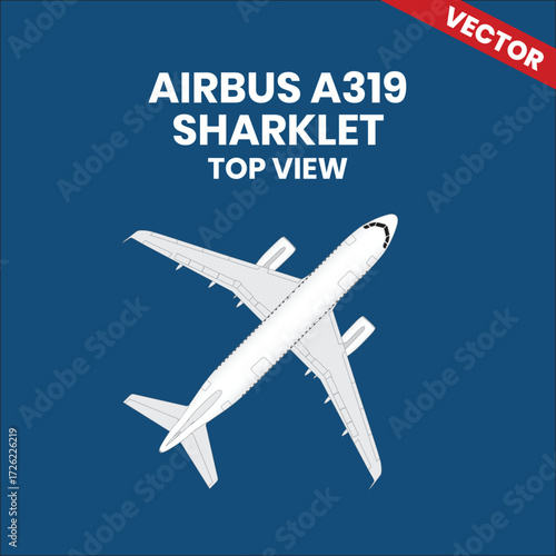 Line drawings of Airbus A319 Sharklet aircraft top view with two jet engine 