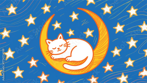 Cat Sleeping on the Crescent Moon Illustrator Artwork Banner Background Design Template 