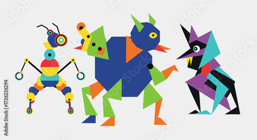 Geometric Monsters - A Colorful and Quirky Illustration of Whimsical Creatures.