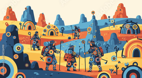 Group of explorers with backpacks walking through a colorful landscape.
