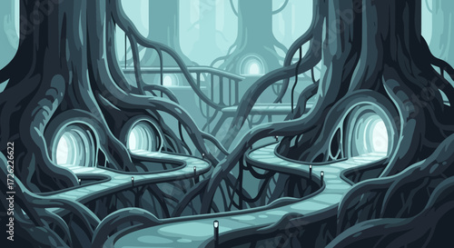 Intricate fantasy tree roots forming an ethereal pathway system.