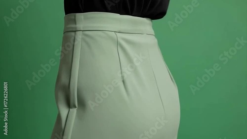 Close-up of a Woman Wearing Stylish Light Green Skirt on Green Background