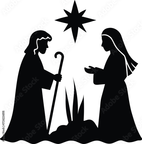 holy family nativity scene black silhouette vector.eps
