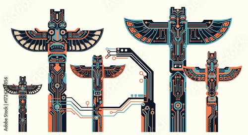 Intricate totem poles display cultural heritage and artistic expression.